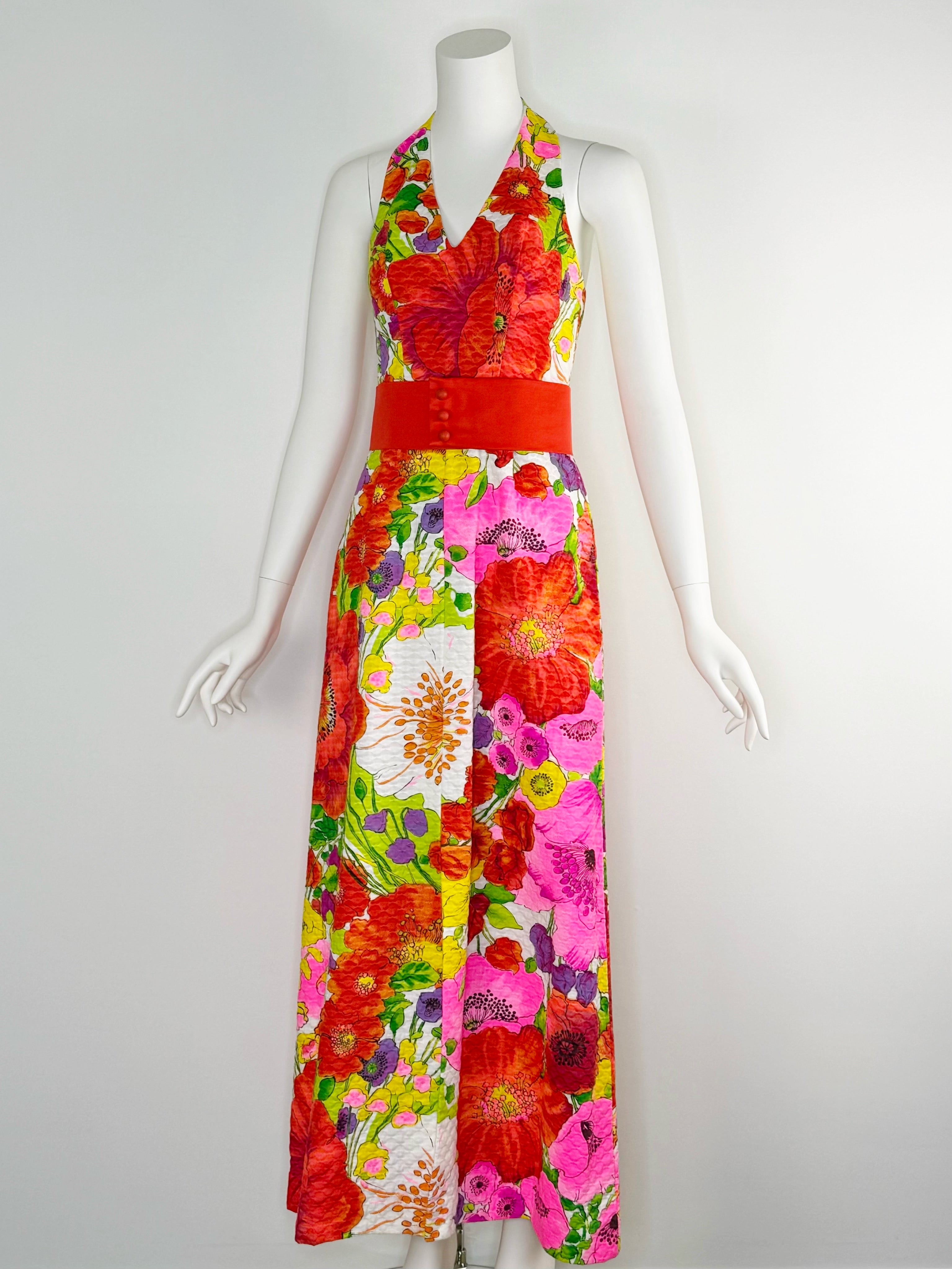1970s vivid floral maxi dress