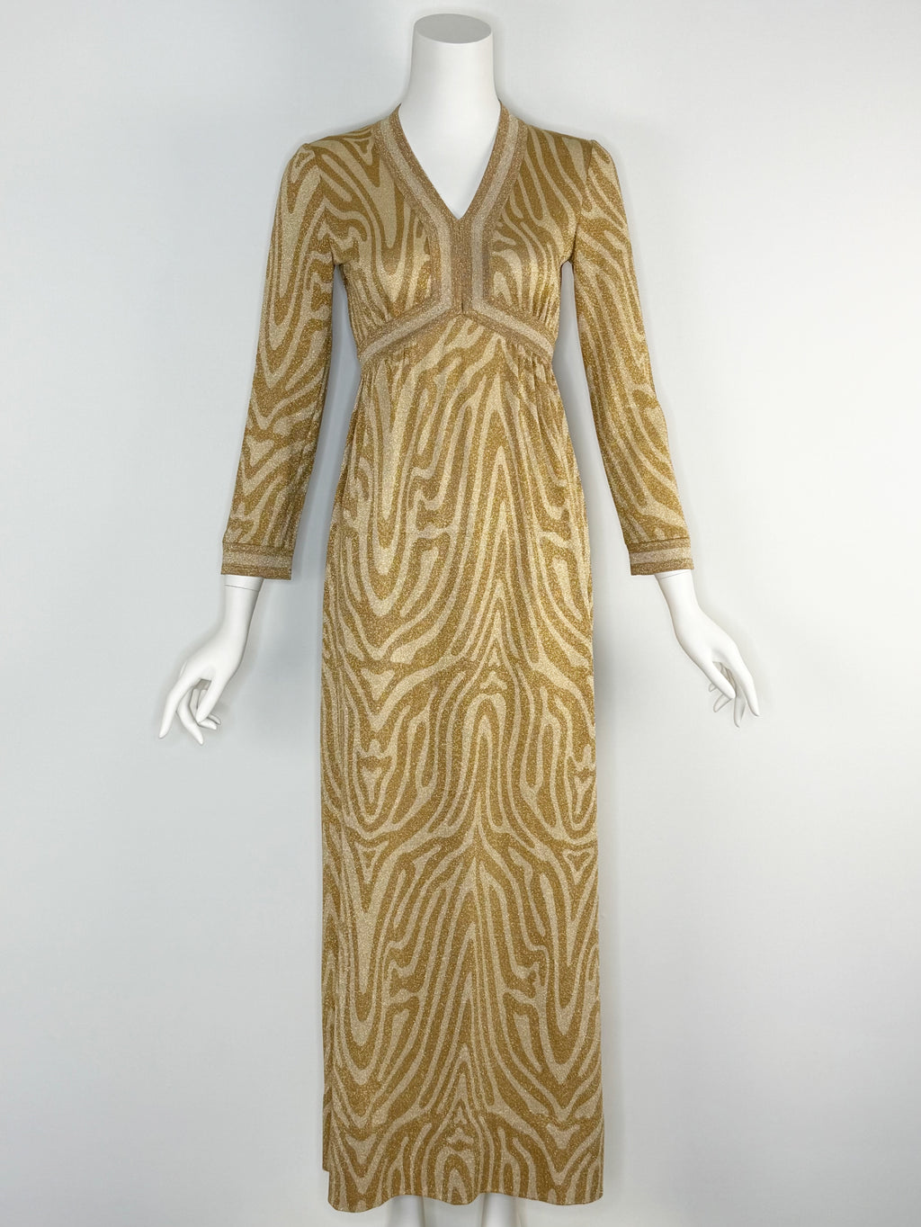1970s Goldworm metallic zebra knit maxi dress