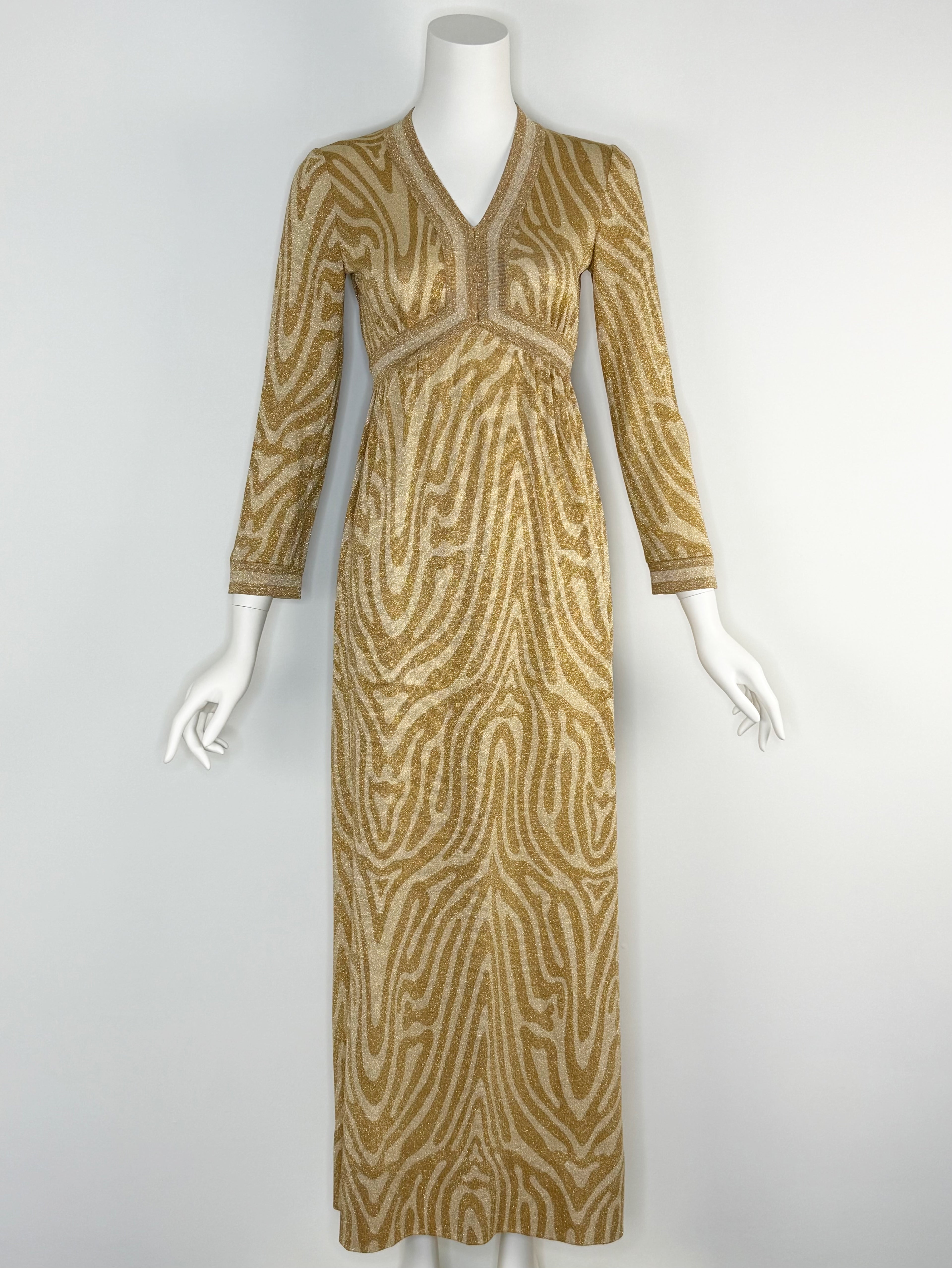 1970s Goldworm metallic zebra knit maxi dress