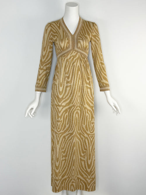 1970s Goldworm metallic zebra knit maxi dress