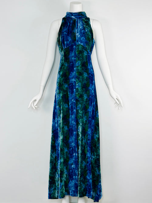 1970s tie-dye velvet maxi dress