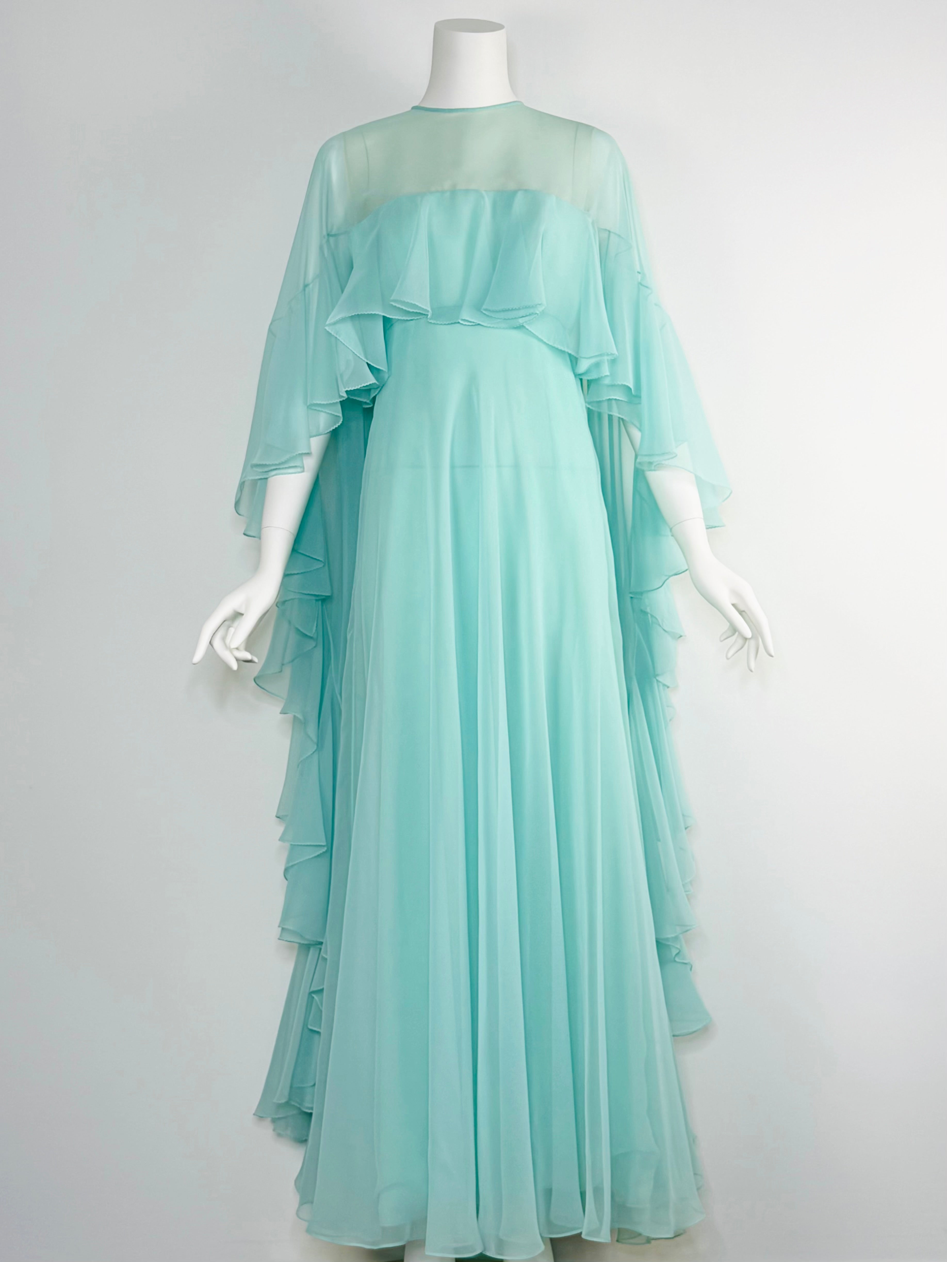 1970s ethereal seafoam ruffled gown