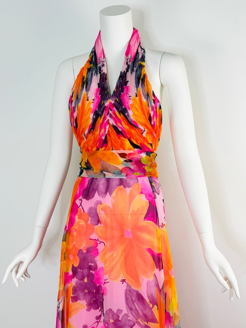 1970s vivid floral halter maxi dress