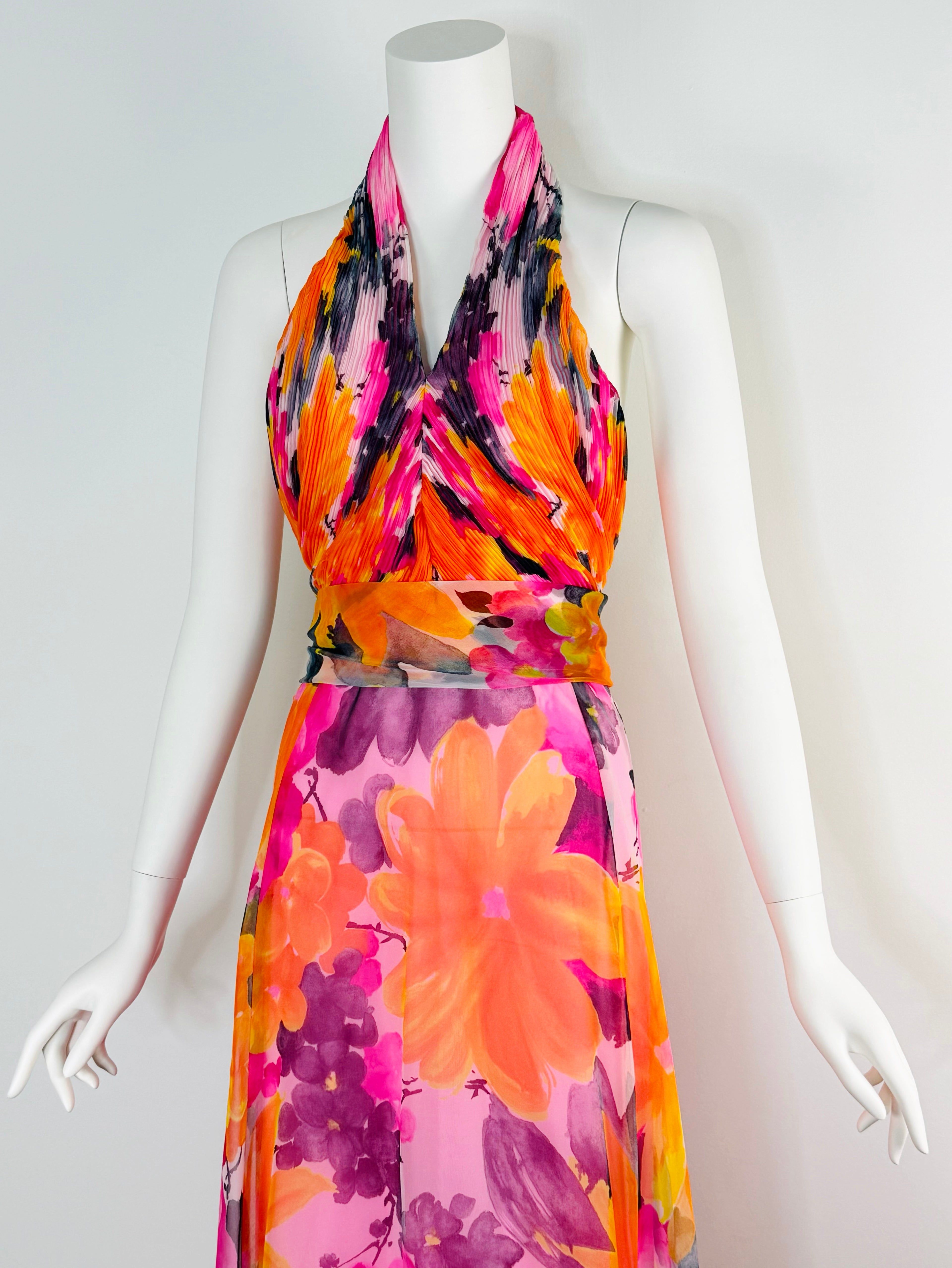 1970s vivid floral halter maxi dress