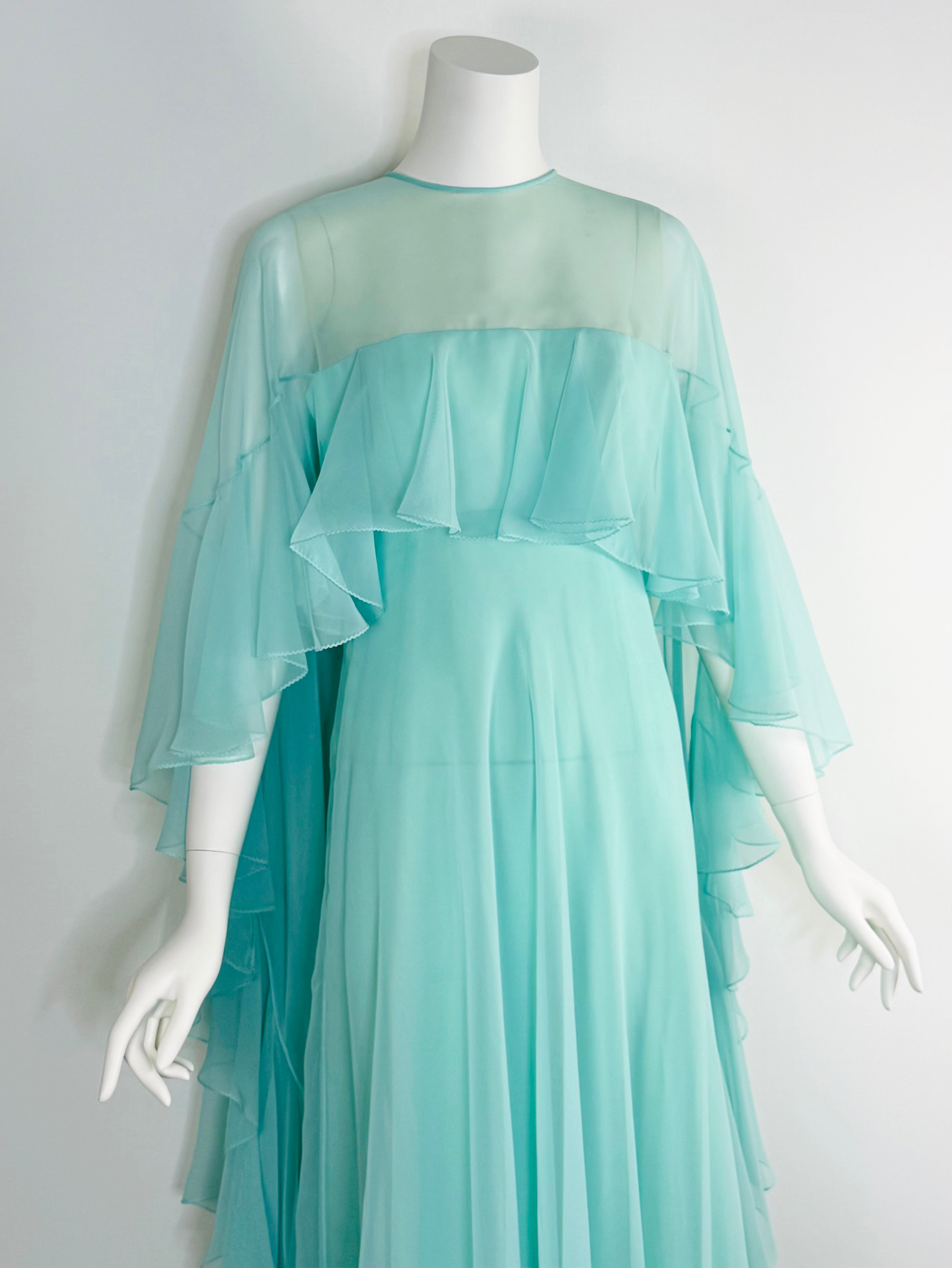 1970s ethereal seafoam ruffled gown