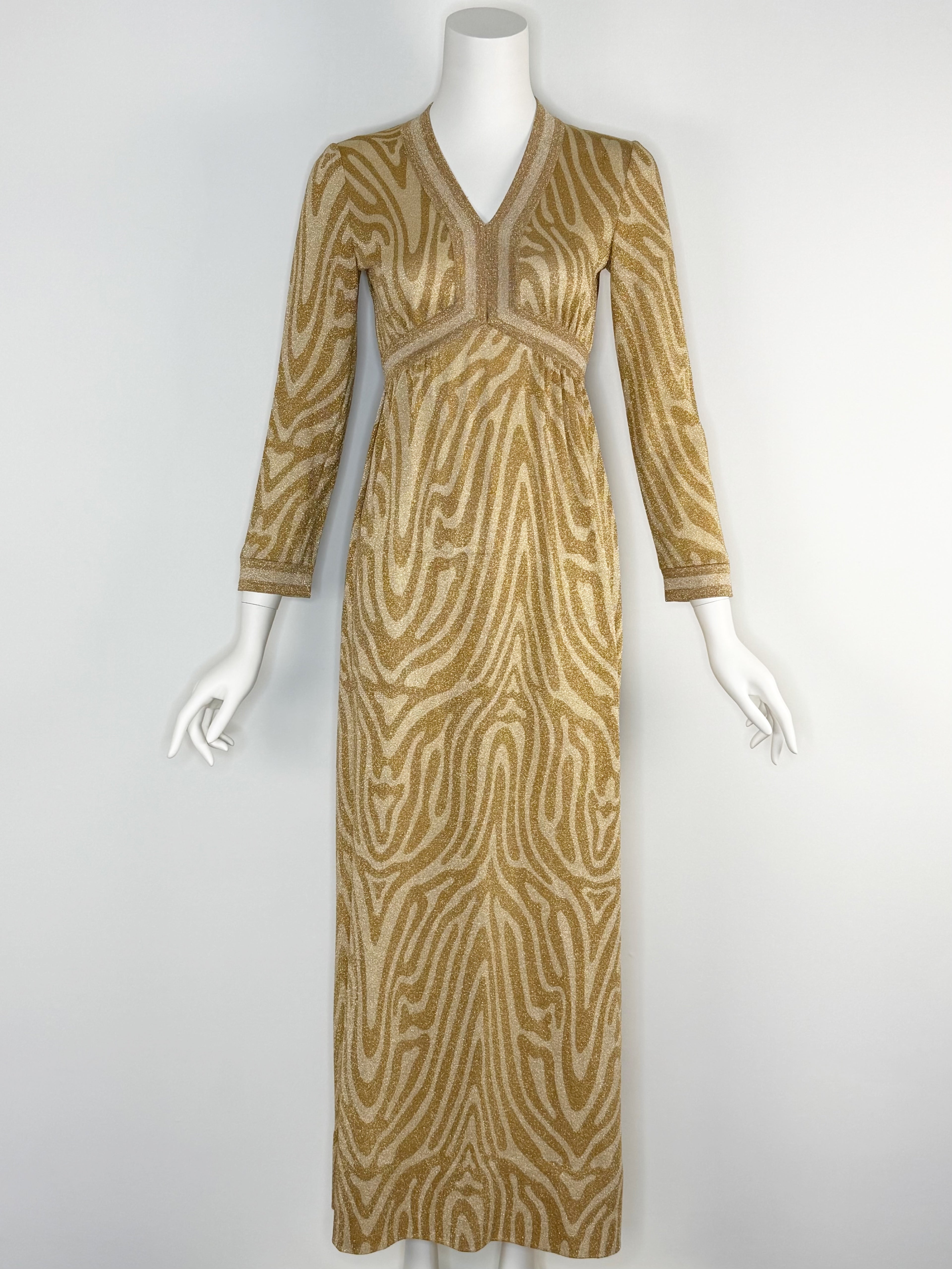 1970s Goldworm metallic zebra knit maxi dress
