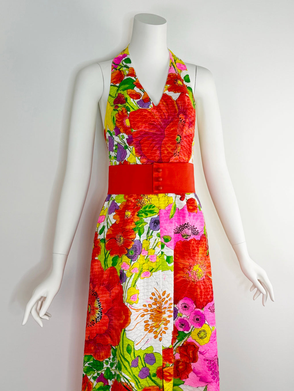 1970s vivid floral maxi dress
