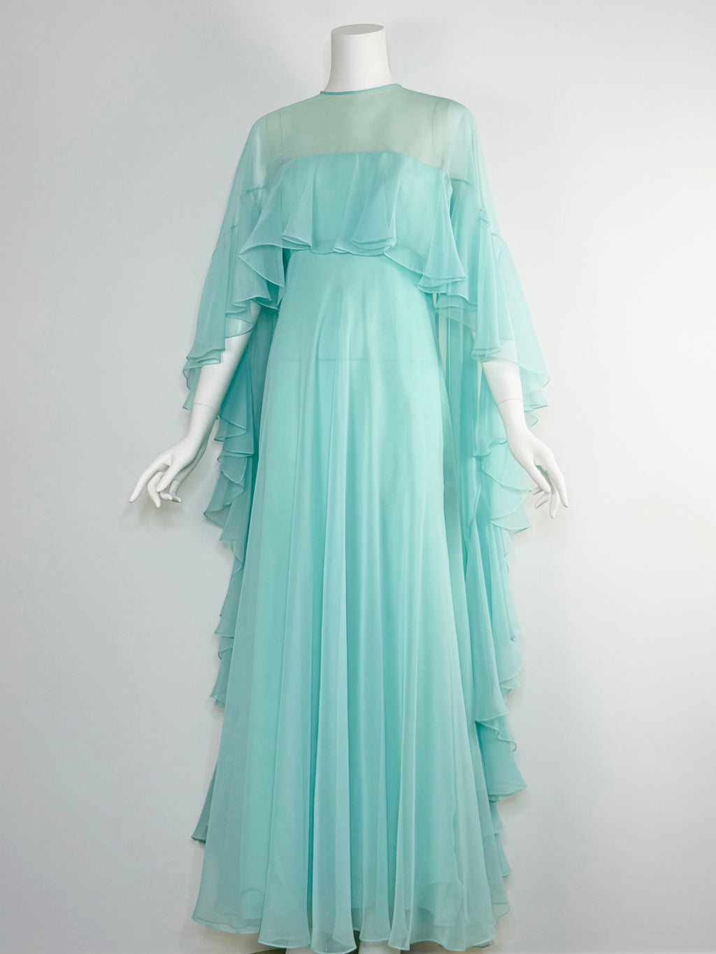 1970s ethereal seafoam ruffled gown
