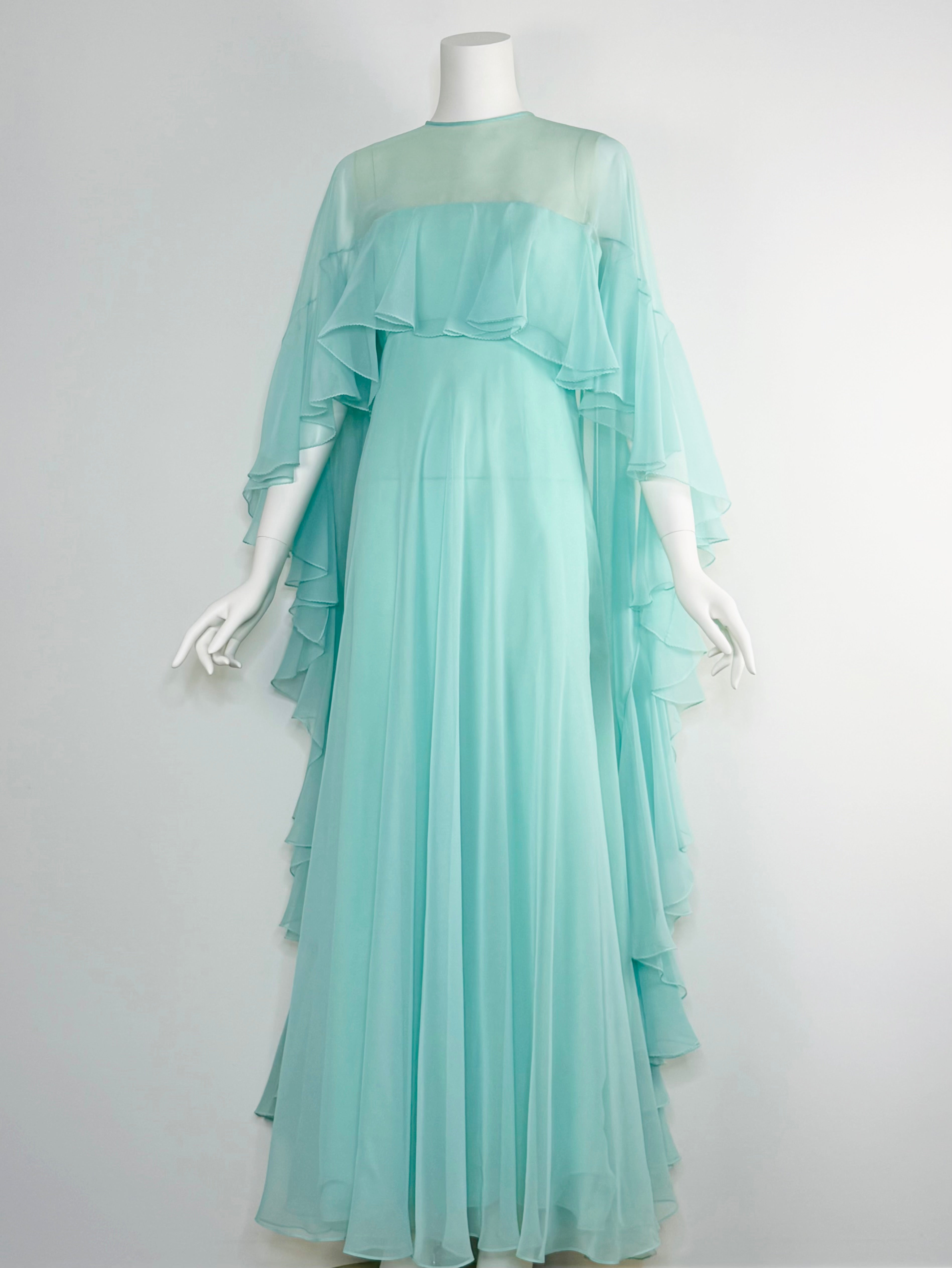 1970s ethereal seafoam ruffled gown