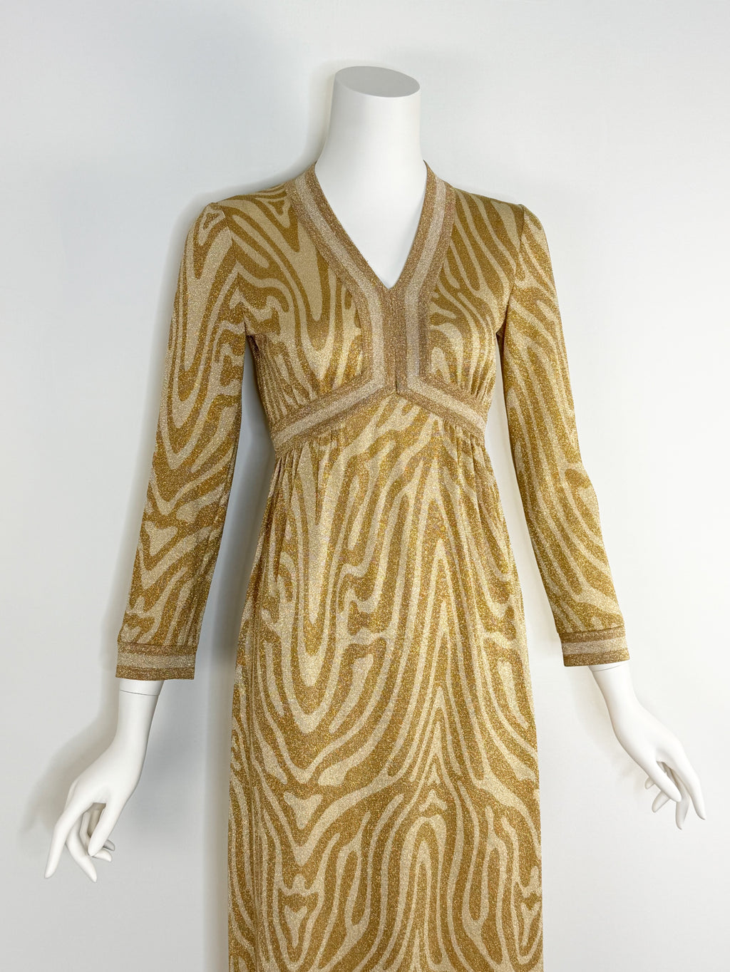 1970s Goldworm metallic zebra knit maxi dress