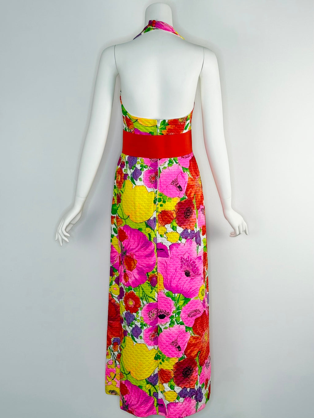 1970s vivid floral maxi dress