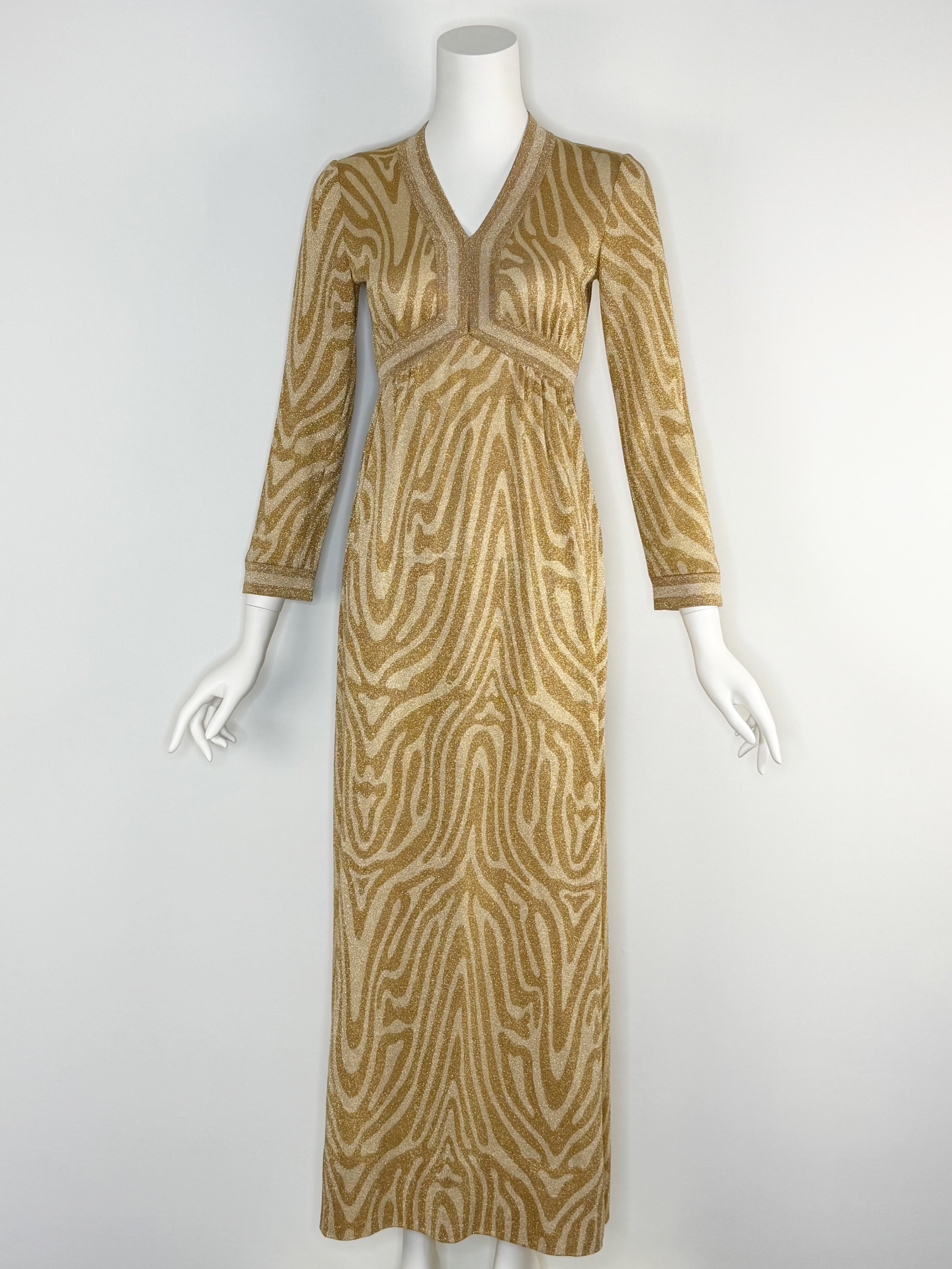 1970s Goldworm metallic zebra knit maxi dress