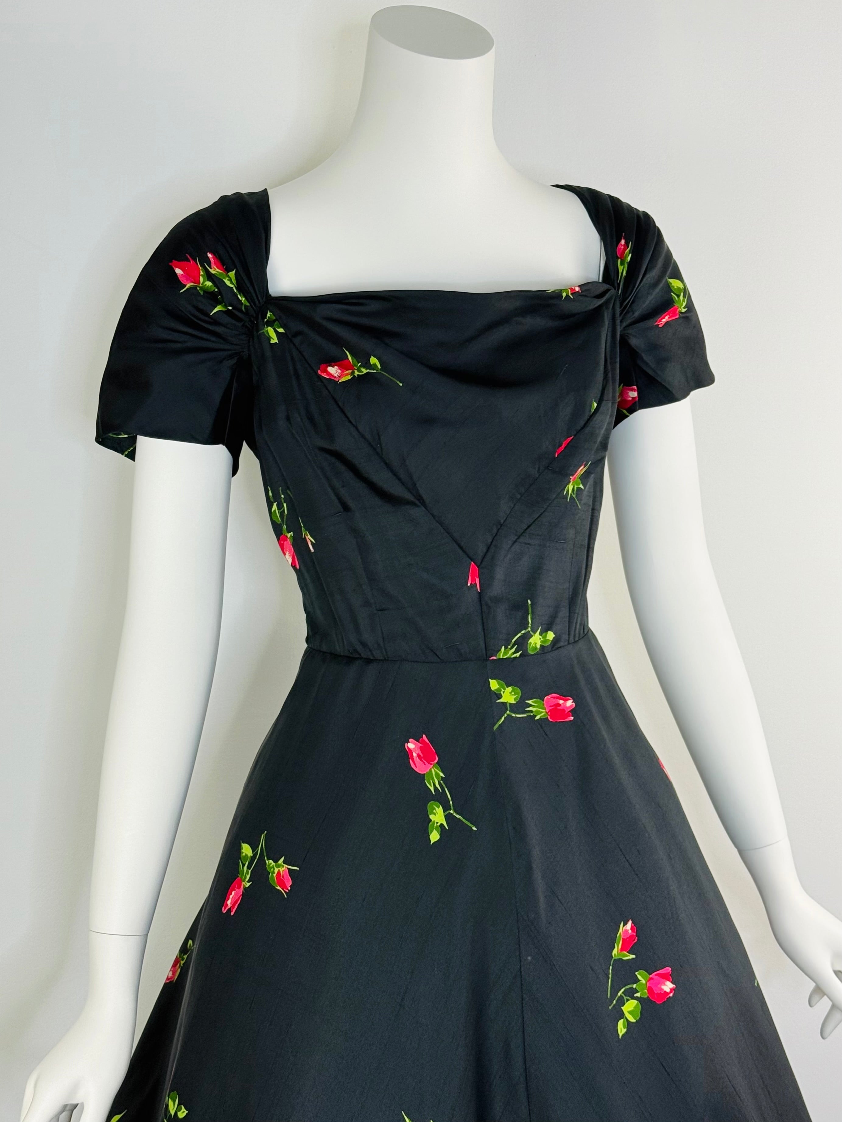 1950s silk dress with rose print
