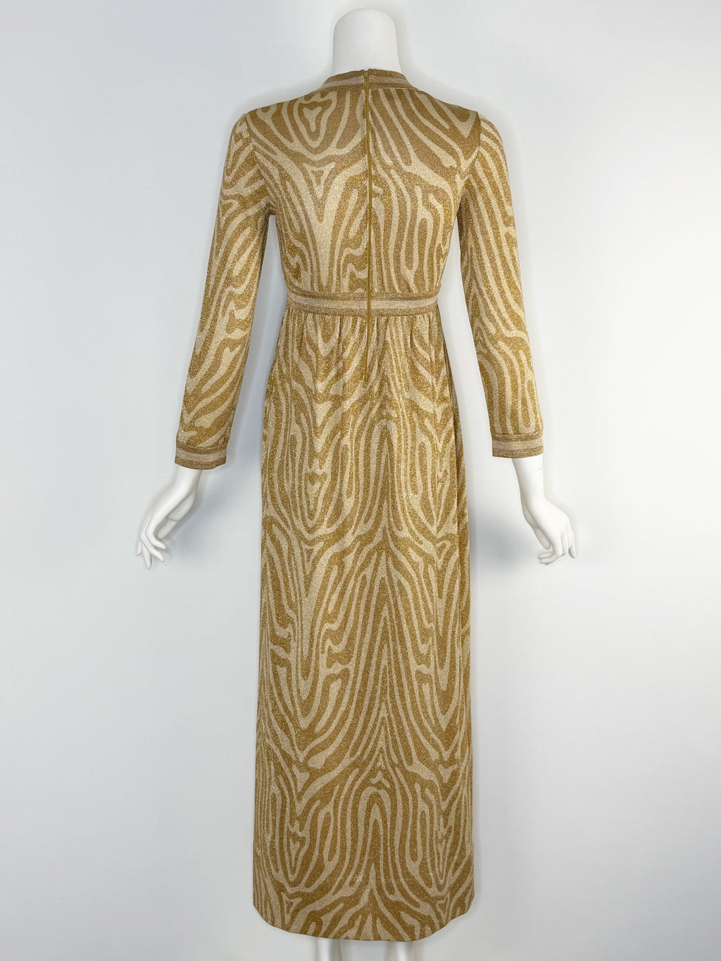 1970s Goldworm metallic zebra knit maxi dress