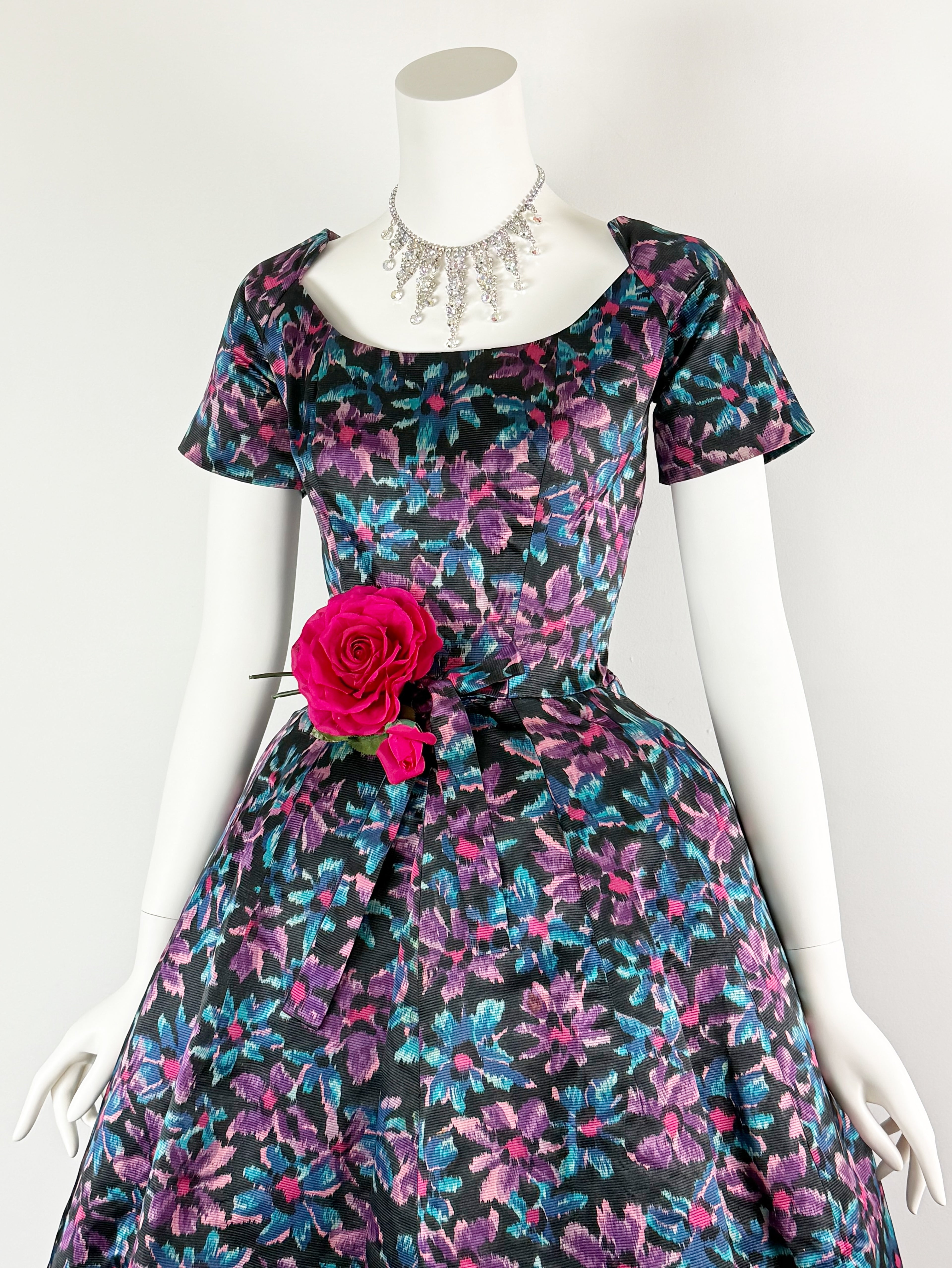1950s silk floral party dress