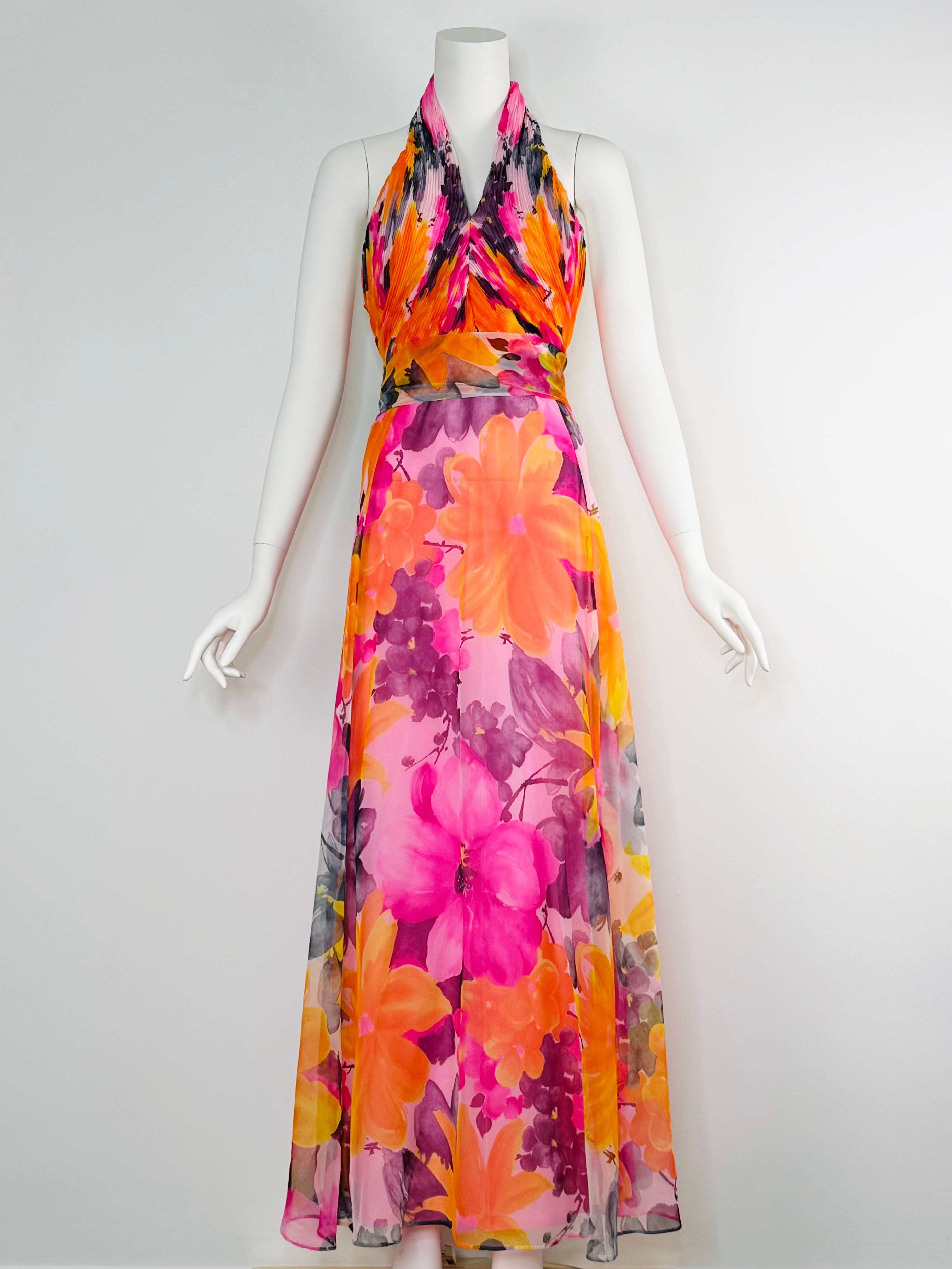 1970s vivid floral halter maxi dress