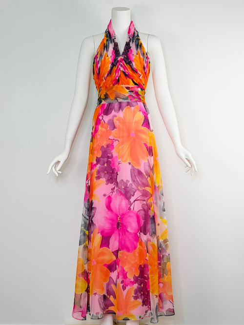 1970s vivid floral halter maxi dress